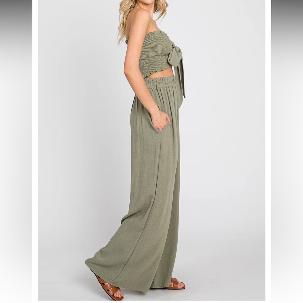 Olive Green Front Tie Crop Top + Wide Leg Pant Set by Pink Blush - Picture 2 of 11